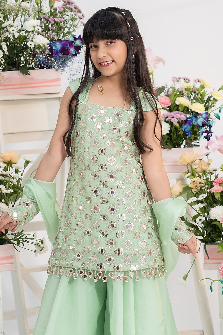 Mint Green Organza Satin Mirror Embellished Sharara Set For Girls by Kirti Agarwal Pret n Couture at Pernia's Pop Up Shop