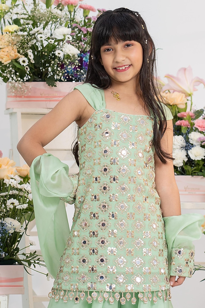 Mint Green Organza Satin Mirror Embellished Sharara Set For Girls by Kirti Agarwal Pret n Couture at Pernia's Pop Up Shop