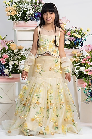 Pastel Yellow Net & Silk Floral Embroidered Lehenga Set For Girls by Kirti Agarwal Pret n Couture