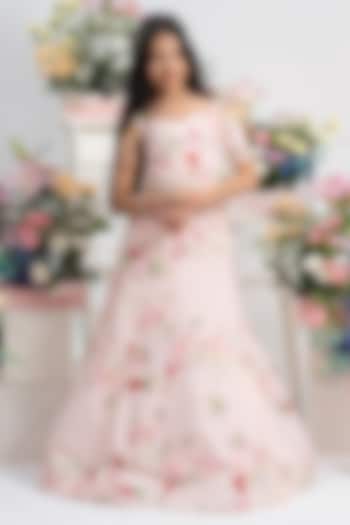 Blush Pink Net & Silk Floral Embroidered Lehenga Set For Girls by Kirti Agarwal Pret n Couture at Pernia's Pop Up Shop