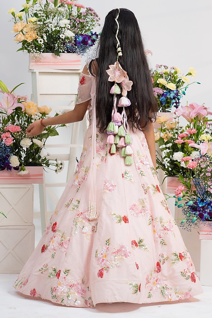 Blush Pink Net & Silk Floral Embroidered Lehenga Set For Girls by Kirti Agarwal Pret n Couture at Pernia's Pop Up Shop