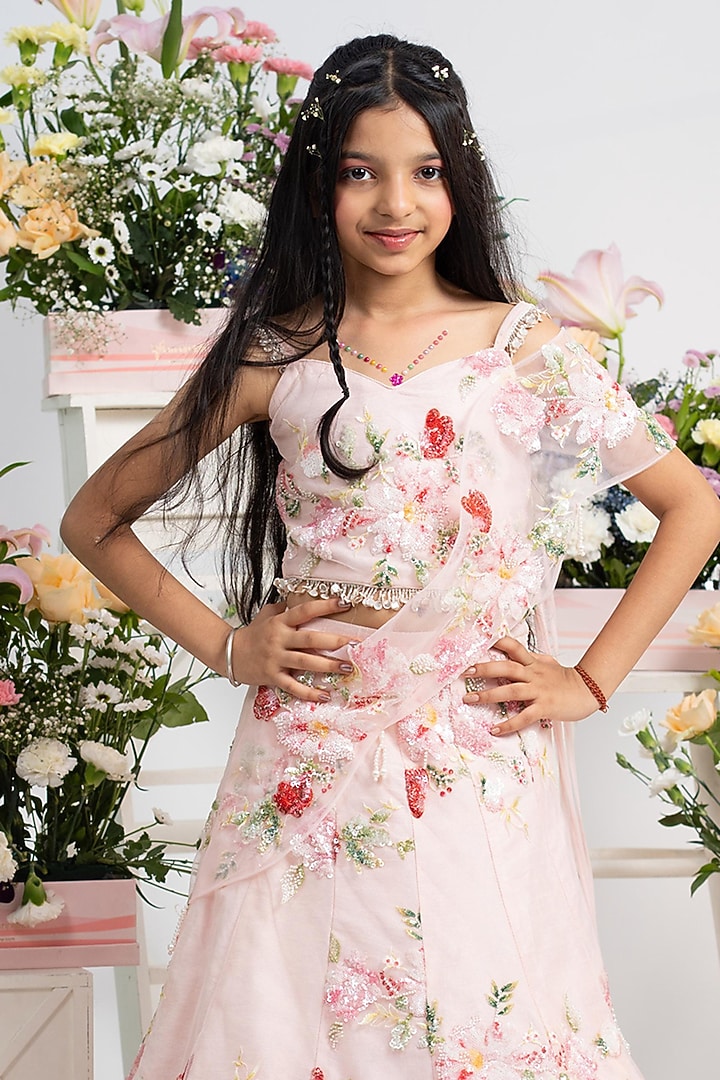 Blush Pink Net & Silk Floral Embroidered Lehenga Set For Girls by Kirti Agarwal Pret n Couture at Pernia's Pop Up Shop