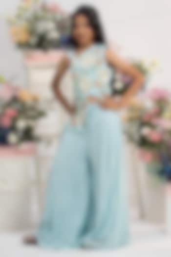 Powder Blue Net Thread Embellished Flared Palazzo Set For Girls by Kirti Agarwal Pret n Couture at Pernia's Pop Up Shop