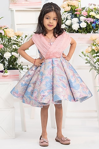 Blush Pink & Pastel Blue Jacquard Wrap-Style Flared Dress For Girls by Kirti Agarwal Pret n Couture