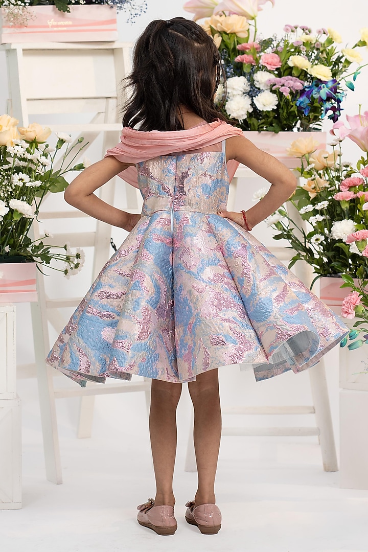 Blush Pink & Pastel Blue Jacquard Wrap-Style Flared Dress For Girls by Kirti Agarwal Pret n Couture at Pernia's Pop Up Shop