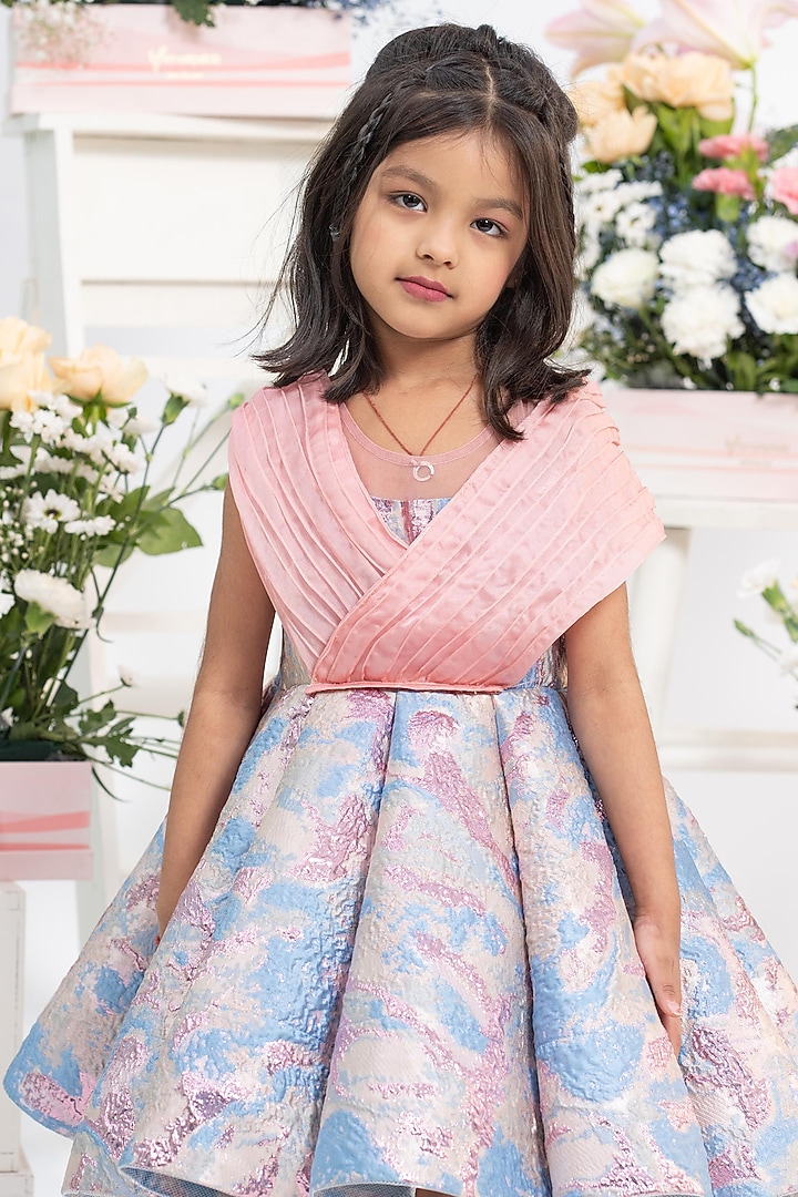 Blush Pink & Pastel Blue Jacquard Wrap-Style Flared Dress For Girls by Kirti Agarwal Pret n Couture at Pernia's Pop Up Shop