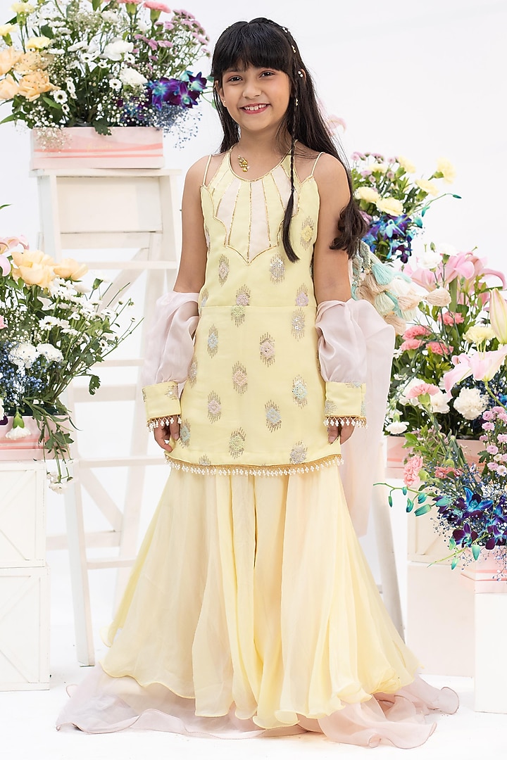 Yellow Georgette Flared Sharara Set For Girls by Kirti Agarwal Pret n Couture at Pernia's Pop Up Shop