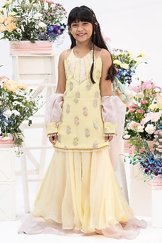 Yellow Georgette Flared Sharara Set For Girls by Kirti Agarwal Pret n Couture