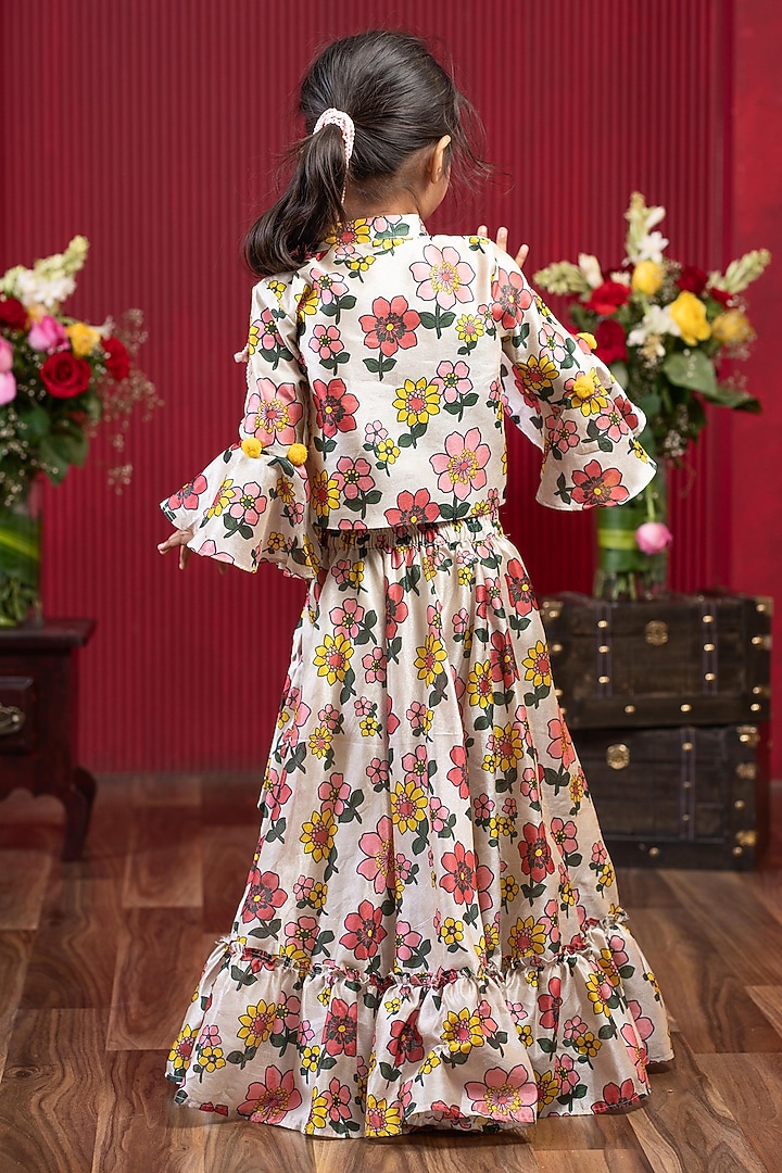 Beige Silk Floral Printed Ruffled Skirt Set For Girls by Kirti Agarwal Pret n Couture at Pernia's Pop Up Shop