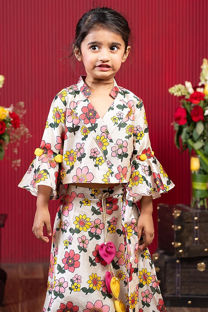 Beige Silk Floral Printed Ruffled Skirt Set For Girls by Kirti Agarwal Pret n Couture at Pernia's Pop Up Shop