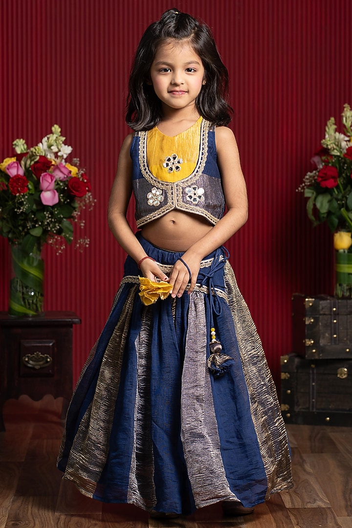 Navy Blue Chanderi Silk Flared Lehenga Set For Girls by Kirti Agarwal Pret n Couture at Pernia's Pop Up Shop