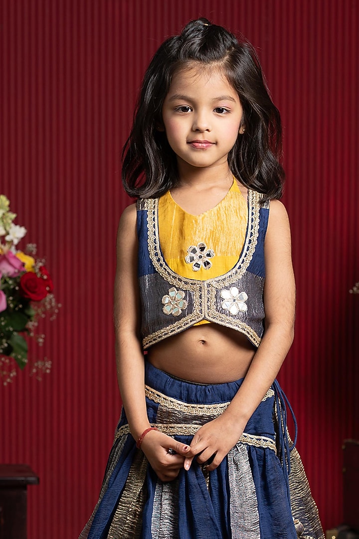 Navy Blue Chanderi Silk Flared Lehenga Set For Girls by Kirti Agarwal Pret n Couture at Pernia's Pop Up Shop