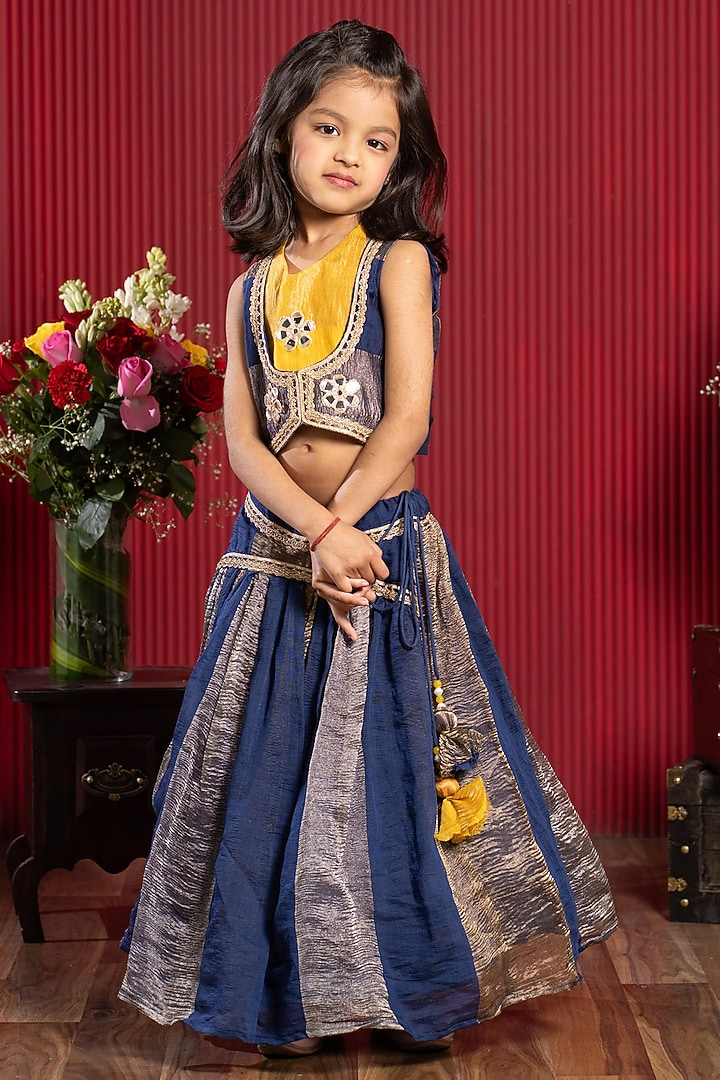Navy Blue Chanderi Silk Flared Lehenga Set For Girls by Kirti Agarwal Pret n Couture at Pernia's Pop Up Shop