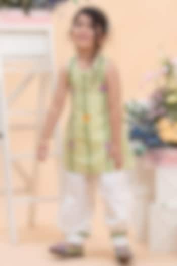 Pistachio Green Spun Silk Motifs Embroidered A-Line Kurta Set For Girls by Kirti Agarwal Pret n Couture at Pernia's Pop Up Shop