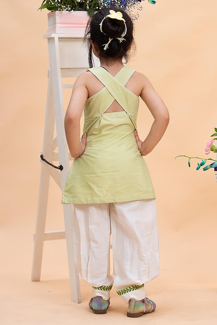 Pistachio Green Spun Silk Motifs Embroidered A-Line Kurta Set For Girls by Kirti Agarwal Pret n Couture at Pernia's Pop Up Shop
