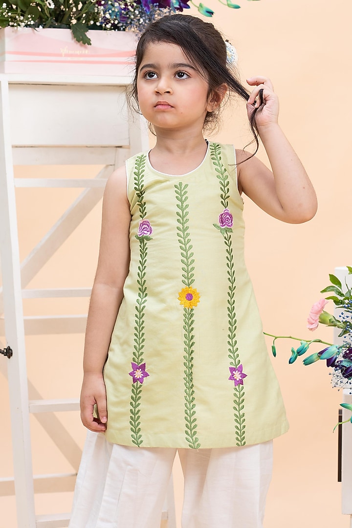 Pistachio Green Spun Silk Motifs Embroidered A-Line Kurta Set For Girls by Kirti Agarwal Pret n Couture at Pernia's Pop Up Shop
