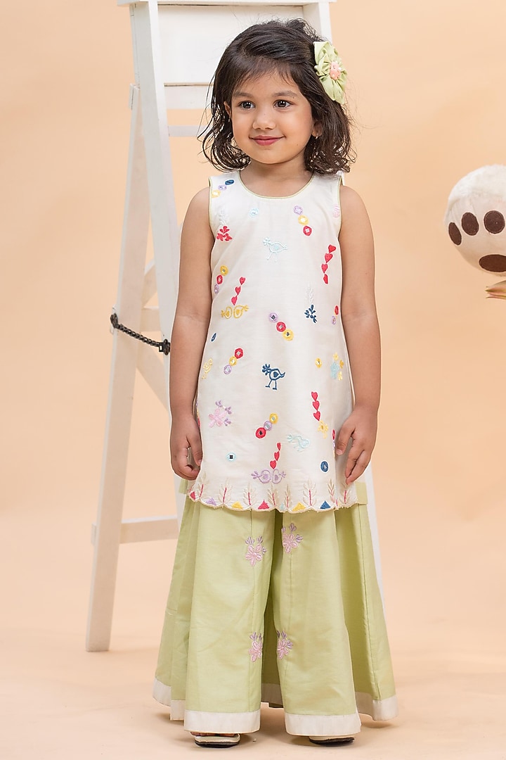 Pistachio Green Spun Silk Floral Embroidered Sharara Set For Girls by Kirti Agarwal Pret n Couture at Pernia's Pop Up Shop