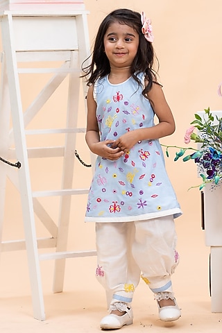 Sky Blue Spun Silk Hand Embroidered A-Line Kurta Set For Girls by Kirti Agarwal Pret n Couture