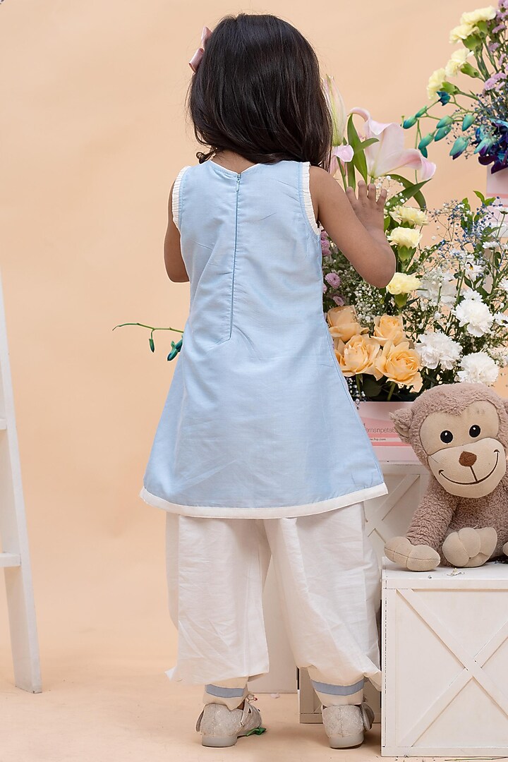 Sky Blue Spun Silk Hand Embroidered A-Line Kurta Set For Girls by Kirti Agarwal Pret n Couture at Pernia's Pop Up Shop