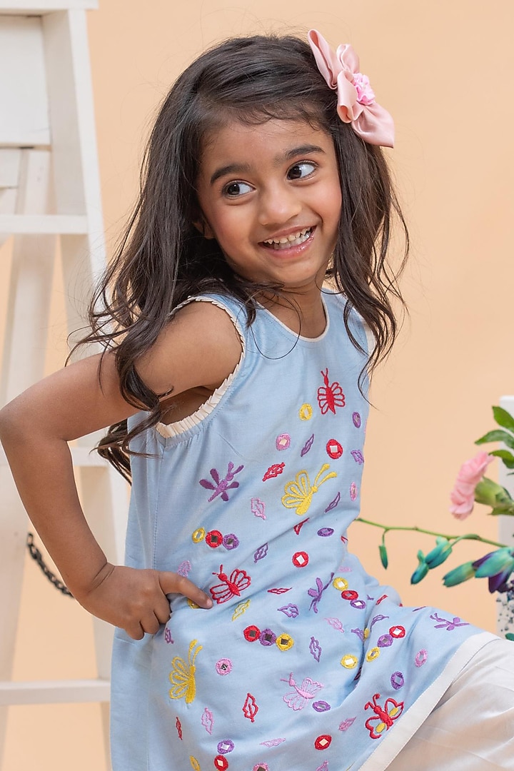 Sky Blue Spun Silk Hand Embroidered A-Line Kurta Set For Girls by Kirti Agarwal Pret n Couture at Pernia's Pop Up Shop