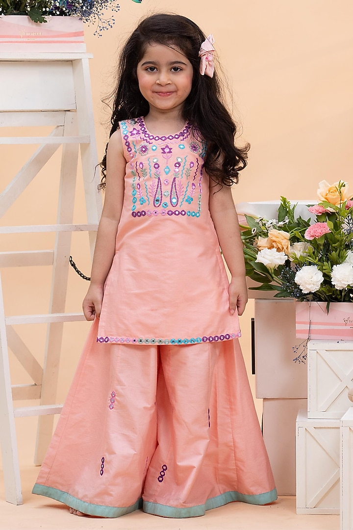 Peach Spun Silk Floral Embroidered Sharara Set For Girls by Kirti Agarwal Pret n Couture at Pernia's Pop Up Shop