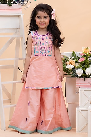 Peach Spun Silk Floral Embroidered Sharara Set For Girls by Kirti Agarwal Pret n Couture