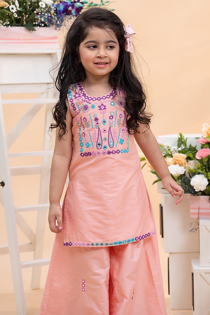 Peach Spun Silk Floral Embroidered Sharara Set For Girls by Kirti Agarwal Pret n Couture at Pernia's Pop Up Shop