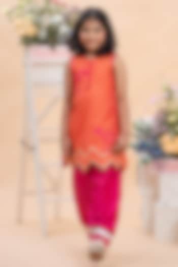 Orange Spun Silk Motifs Embroidered Kurta Set For Girls by Kirti Agarwal Pret n Couture at Pernia's Pop Up Shop