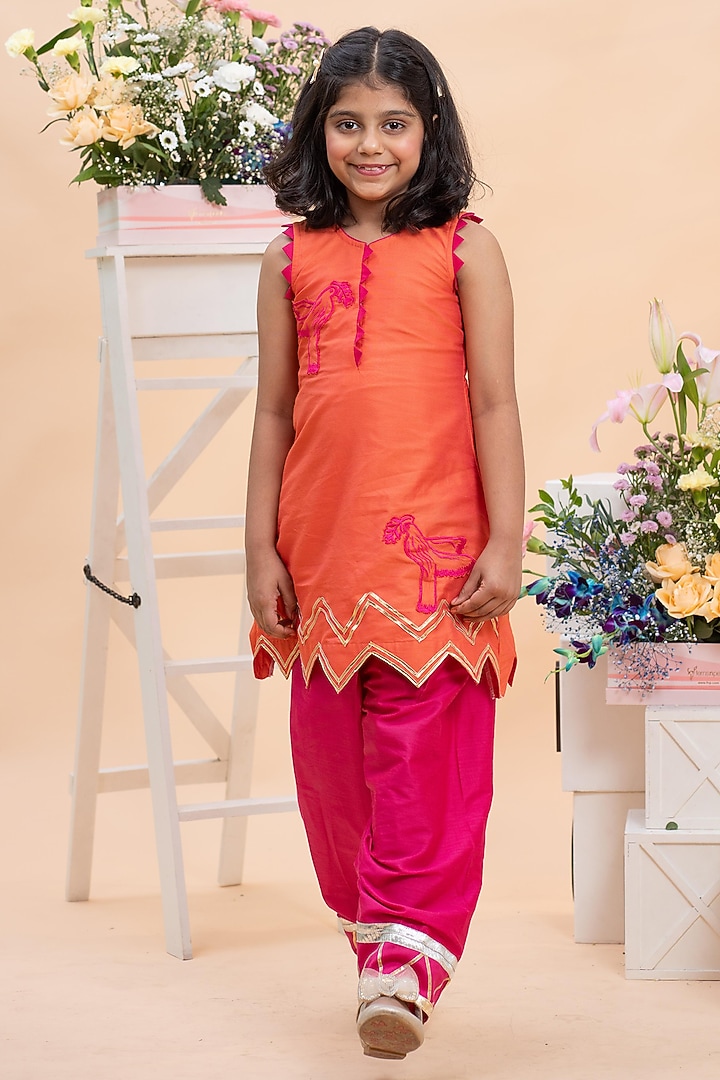 Orange Spun Silk Motifs Embroidered Kurta Set For Girls by Kirti Agarwal Pret n Couture at Pernia's Pop Up Shop