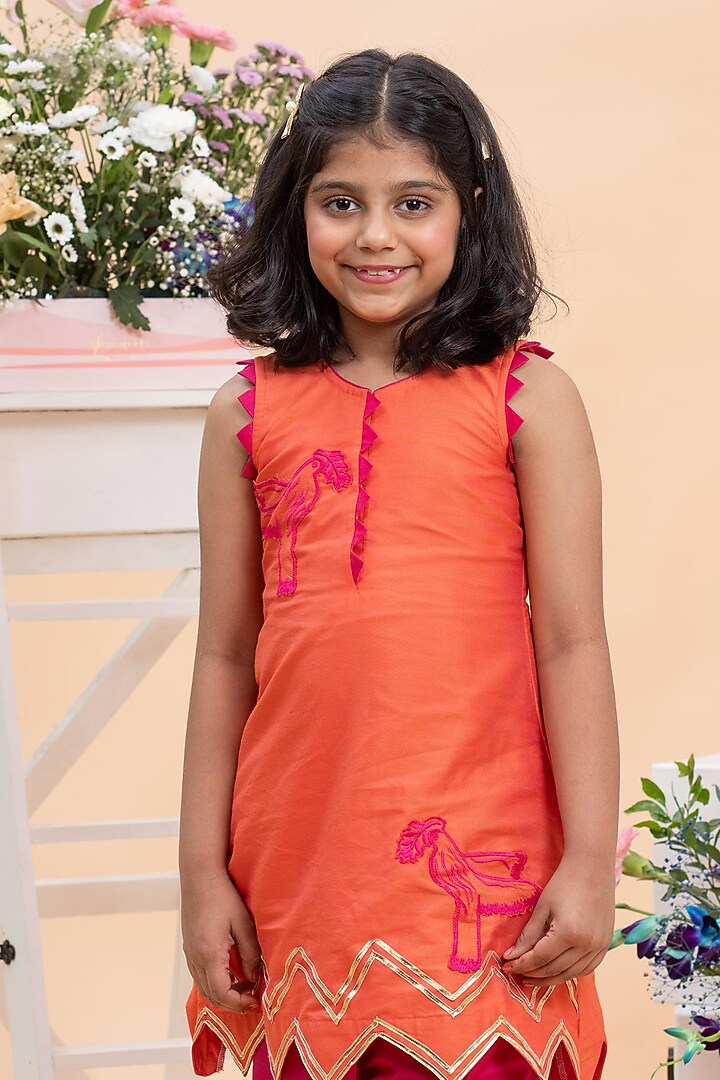 Orange Spun Silk Motifs Embroidered Kurta Set For Girls by Kirti Agarwal Pret n Couture at Pernia's Pop Up Shop