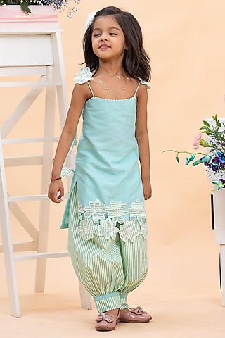 Mint Green Spun Silk Floral Applique Work Kurta Set For Girls by Kirti Agarwal Pret n Couture