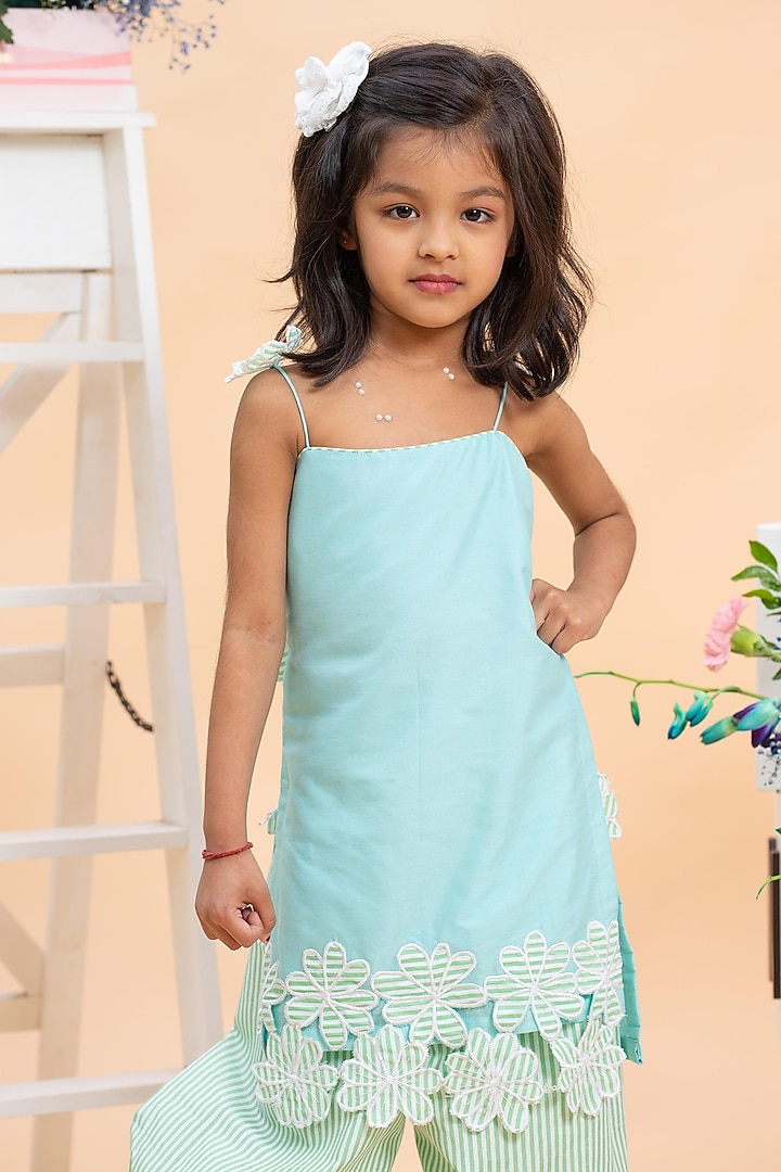 Mint Green Spun Silk Floral Applique Work Kurta Set For Girls by Kirti Agarwal Pret n Couture at Pernia's Pop Up Shop