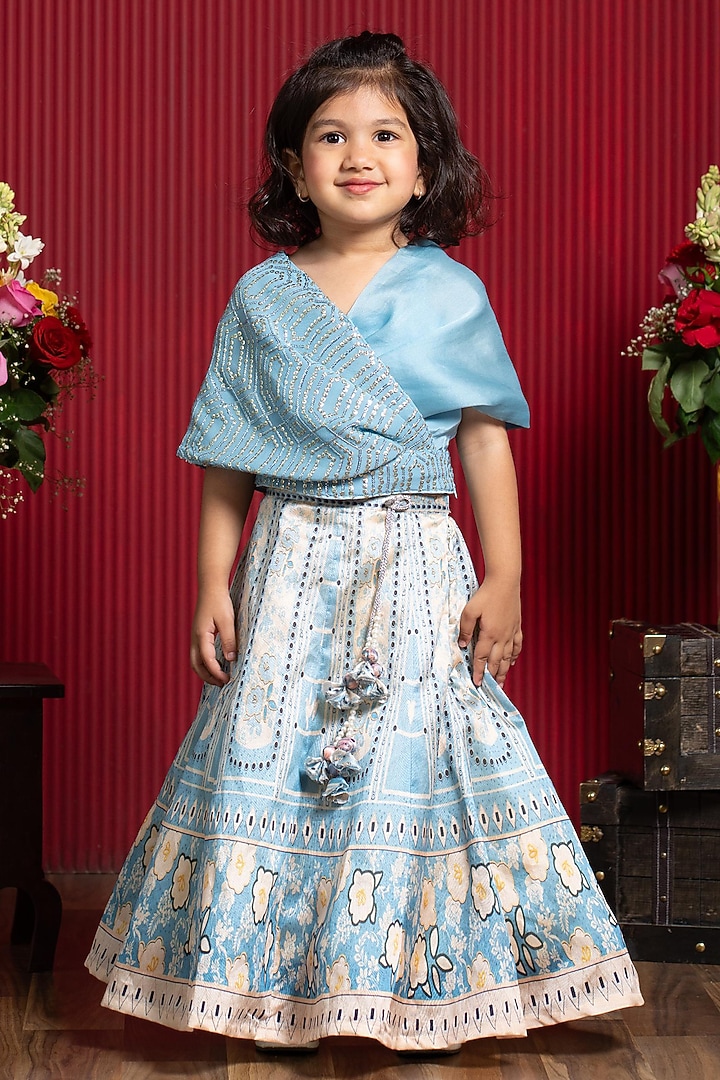 Blue & Off-White Printed Lehenga Set For Girls by Kirti Agarwal Pret n Couture at Pernia's Pop Up Shop