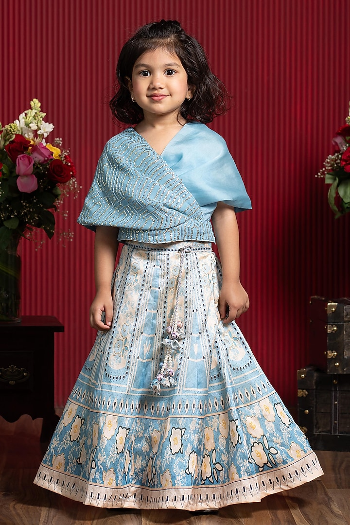 Blue & Off-White Printed Lehenga Set For Girls by Kirti Agarwal Pret n Couture at Pernia's Pop Up Shop