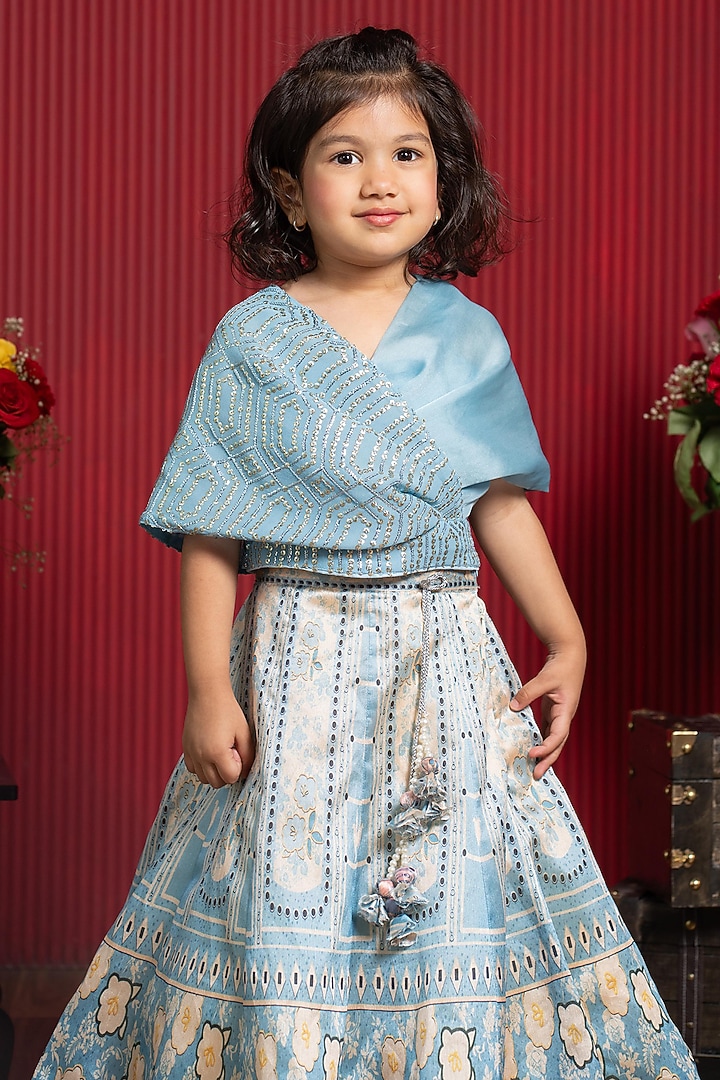 Blue & Off-White Printed Lehenga Set For Girls by Kirti Agarwal Pret n Couture at Pernia's Pop Up Shop