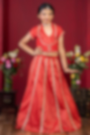Red Silk & Silk Organza Embroidered Lehenga Set For Girls by Kirti Agarwal Pret n Couture at Pernia's Pop Up Shop