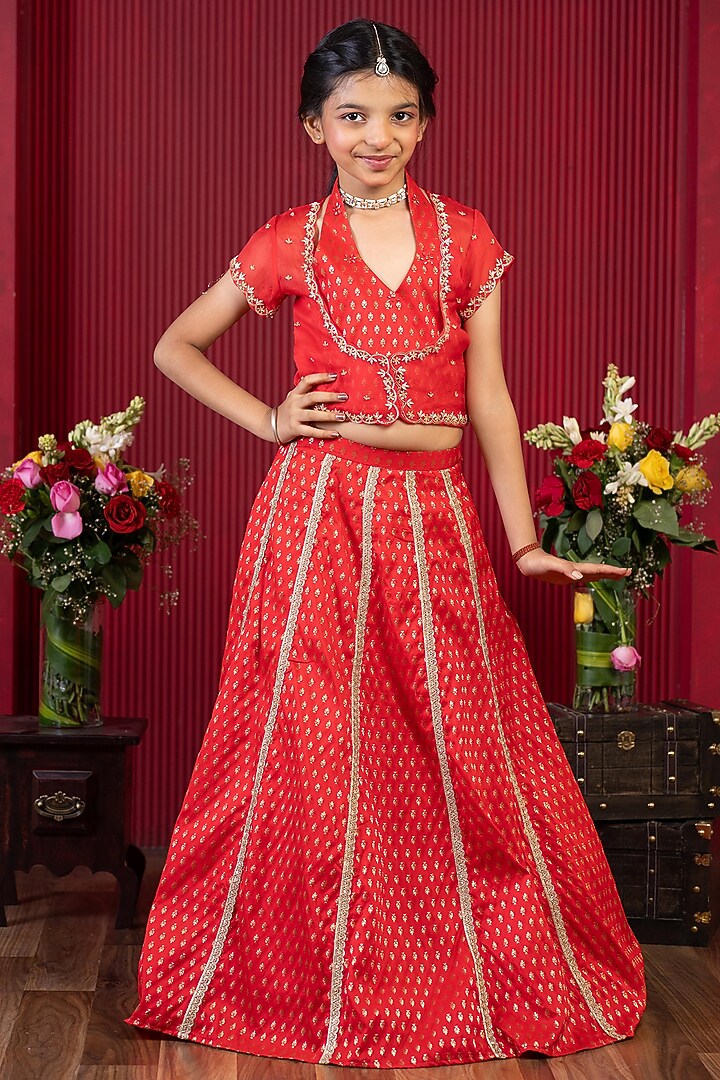 Red Silk & Silk Organza Embroidered Lehenga Set For Girls by Kirti Agarwal Pret n Couture at Pernia's Pop Up Shop