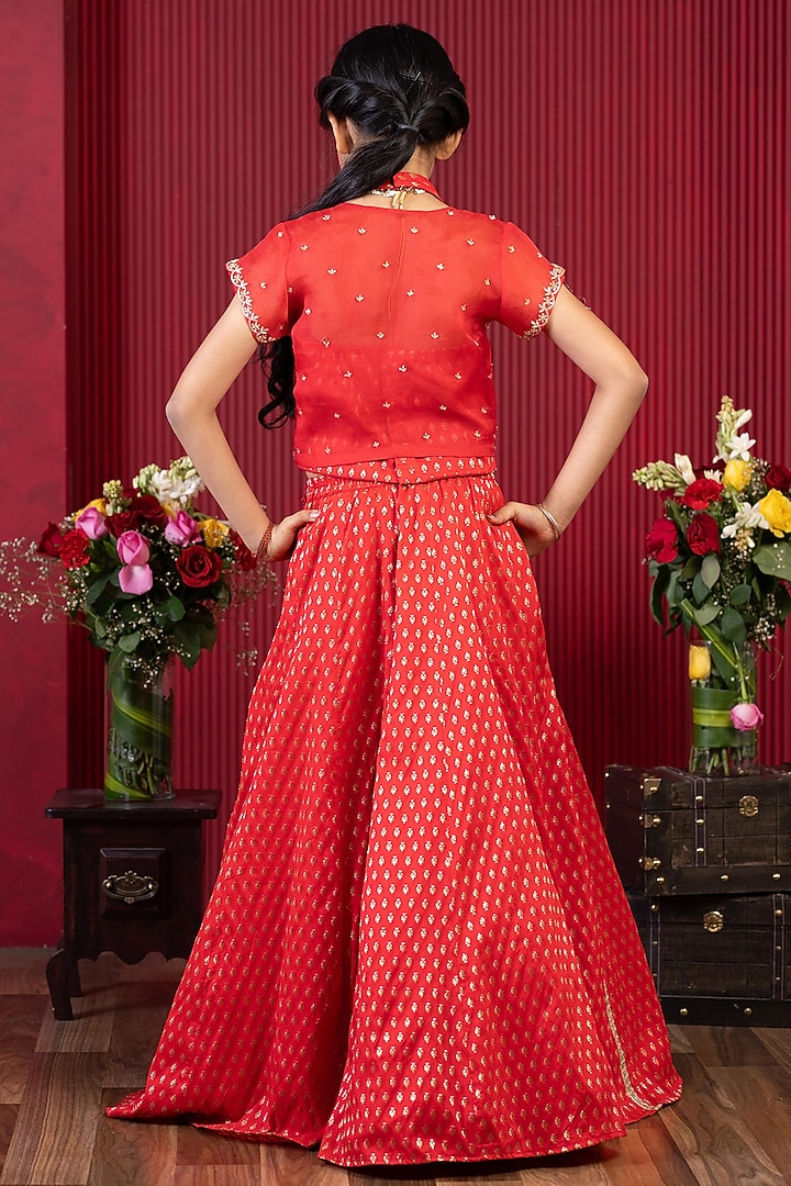 Red Silk & Silk Organza Embroidered Lehenga Set For Girls by Kirti Agarwal Pret n Couture at Pernia's Pop Up Shop