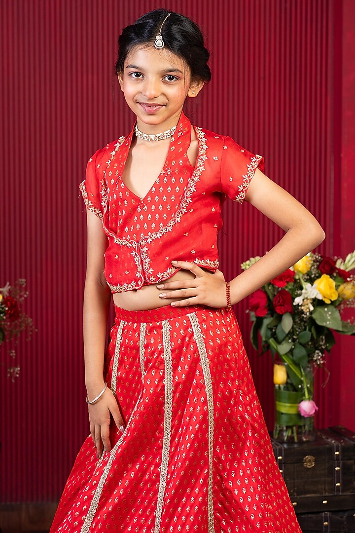 Red Silk & Silk Organza Embroidered Lehenga Set For Girls by Kirti Agarwal Pret n Couture at Pernia's Pop Up Shop