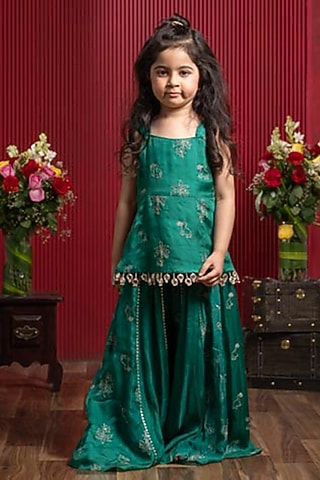 Dark Green Satin Silk Embroidered Sharara Set For Girls by Kirti Agarwal Pret n Couture