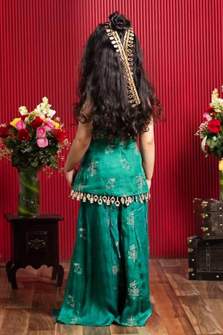 Dark Green Satin Silk Embroidered Sharara Set For Girls by Kirti Agarwal Pret n Couture at Pernia's Pop Up Shop