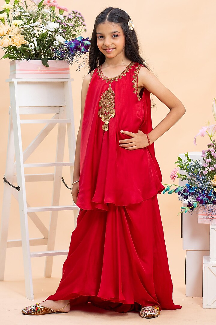 Red Satin Silk Sharara Set For Girls by Kirti Agarwal Pret n Couture at Pernia's Pop Up Shop