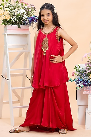 Red Satin Silk Sharara Set For Girls by Kirti Agarwal Pret n Couture