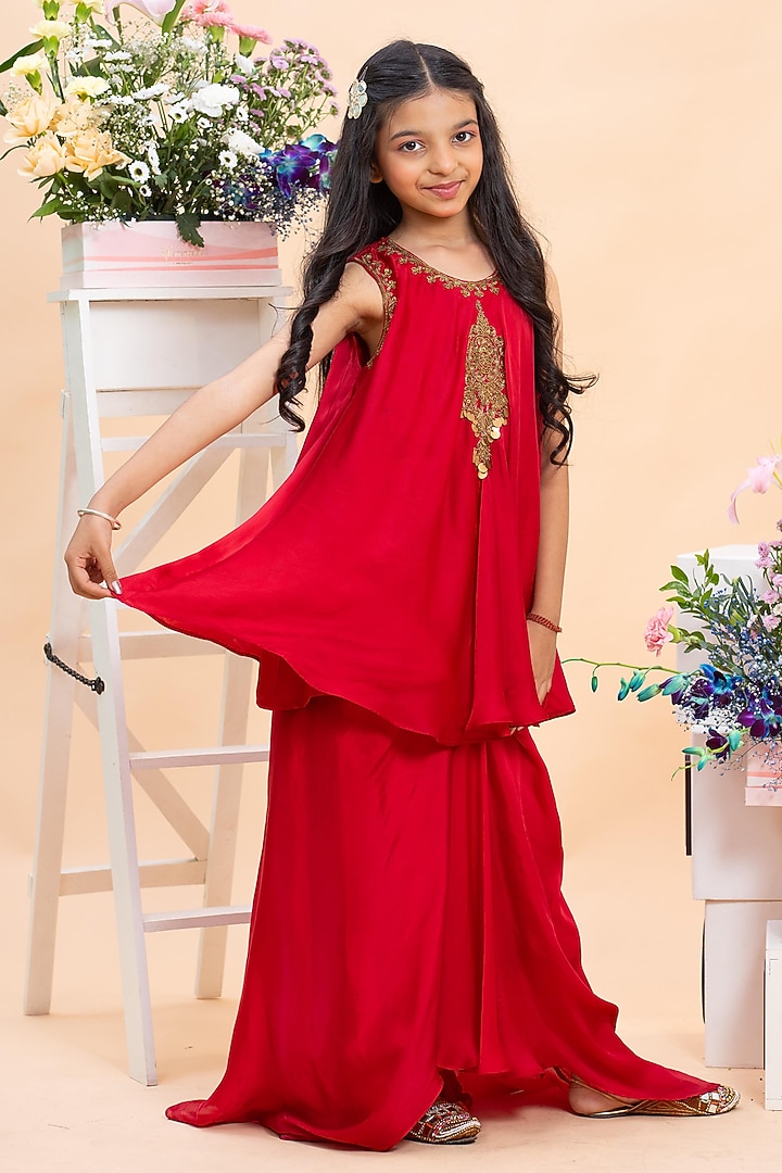 Red Satin Silk Sharara Set For Girls by Kirti Agarwal Pret n Couture at Pernia's Pop Up Shop