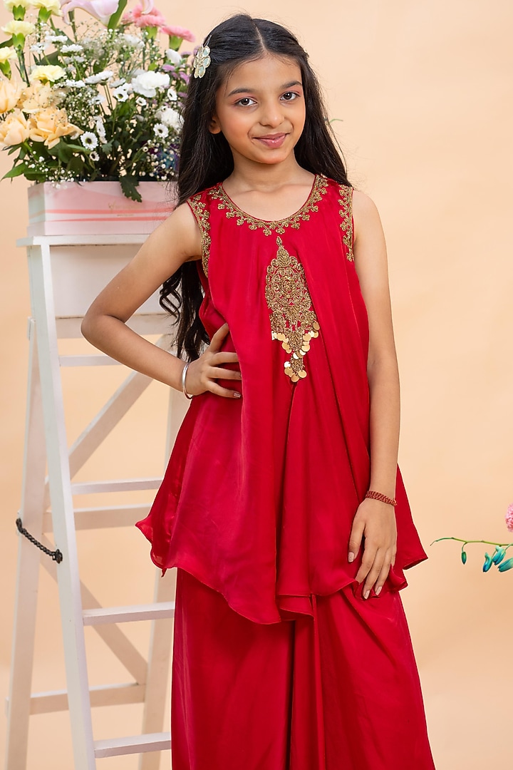 Red Satin Silk Sharara Set For Girls by Kirti Agarwal Pret n Couture at Pernia's Pop Up Shop