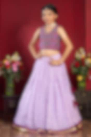 Lavender & Magenta Pure Raw Silk Floral Embroidered Lehenga Set For Girls by Kirti Agarwal Pret n Couture at Pernia's Pop Up Shop