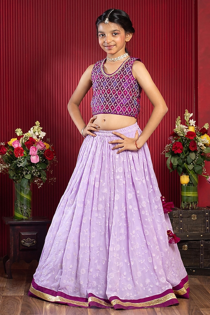 Lavender & Magenta Pure Raw Silk Floral Embroidered Lehenga Set For Girls by Kirti Agarwal Pret n Couture at Pernia's Pop Up Shop