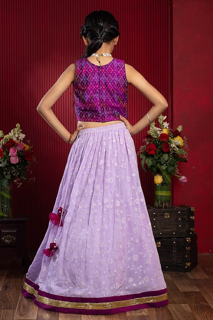Lavender & Magenta Pure Raw Silk Floral Embroidered Lehenga Set For Girls by Kirti Agarwal Pret n Couture at Pernia's Pop Up Shop