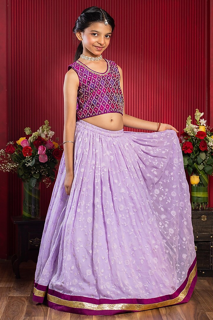 Lavender & Magenta Pure Raw Silk Floral Embroidered Lehenga Set For Girls by Kirti Agarwal Pret n Couture at Pernia's Pop Up Shop
