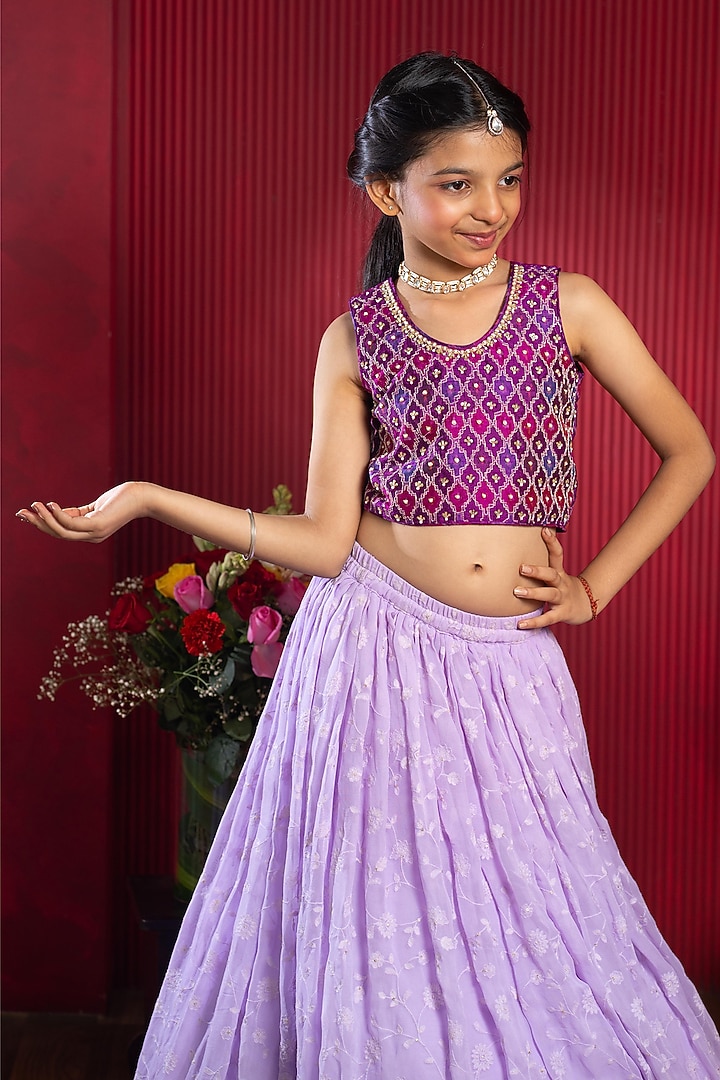 Lavender & Magenta Pure Raw Silk Floral Embroidered Lehenga Set For Girls by Kirti Agarwal Pret n Couture at Pernia's Pop Up Shop